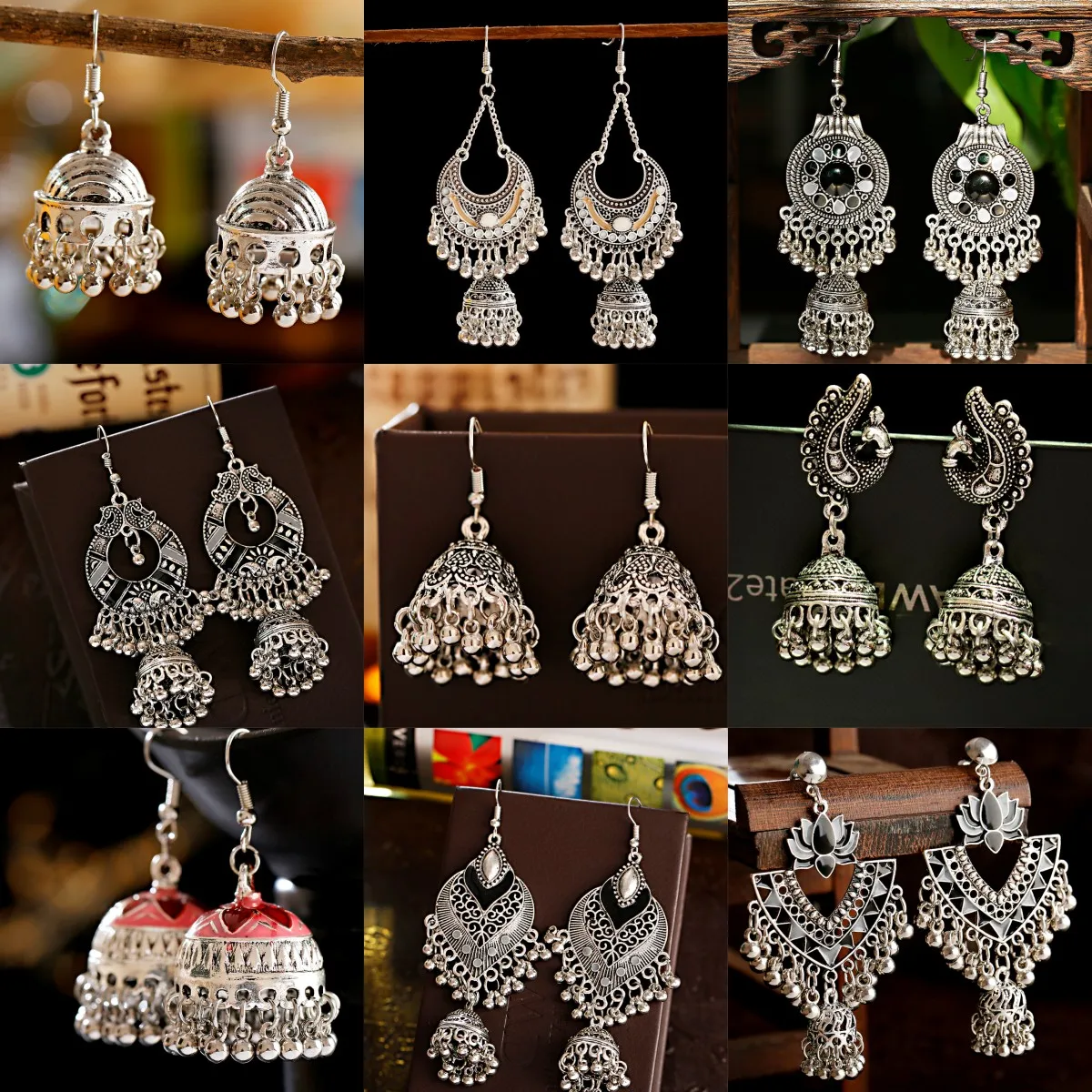 Boho Retro Silver Color Turkish Jhumka Earrings For Women Beaded Tassel Classic Carved Indian Bollywood Bell Earrings Jewelry