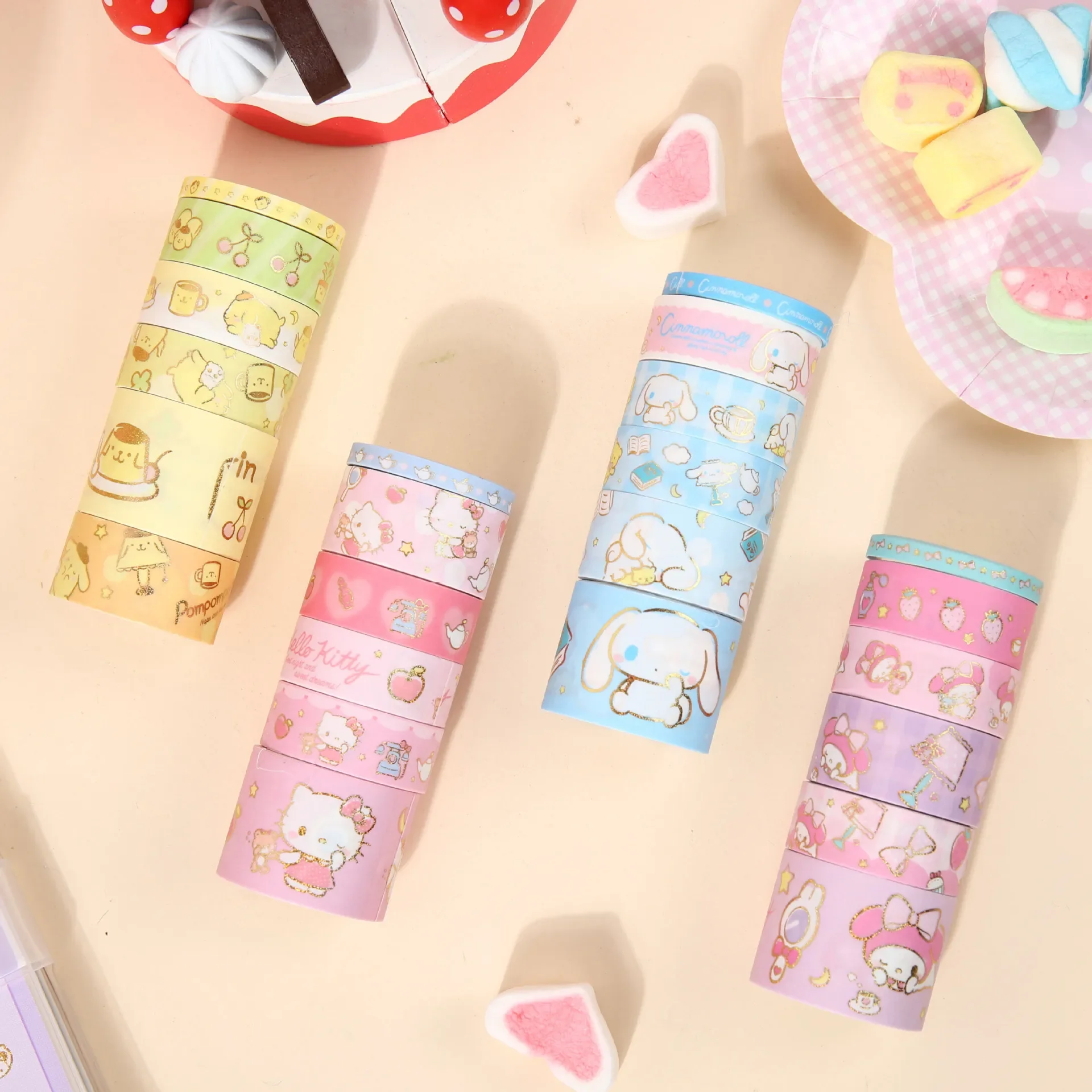 Cinnamoroll Melody Hello Kitty Pompompurin Sanrio Good Night คู่มือสติกเกอร์6ม้วนต่อชุดกล่องมากขึ้นที่มีประสิทธิภาพ