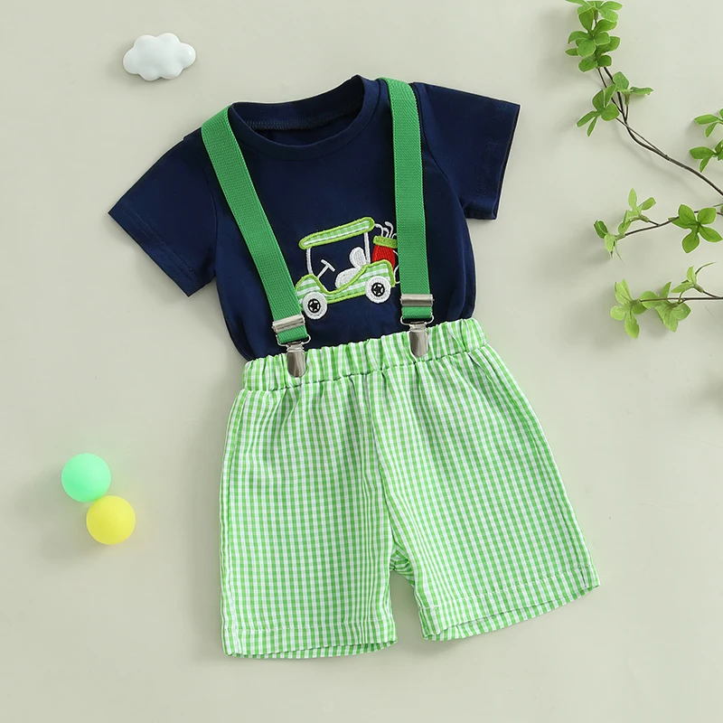 Летние комплекты шорт для маленьких мальчиков, топы с круглым вырезом и короткими рукавами с принтом тележки для гольфа и клетчатые шорты на подтяжках, комплекты