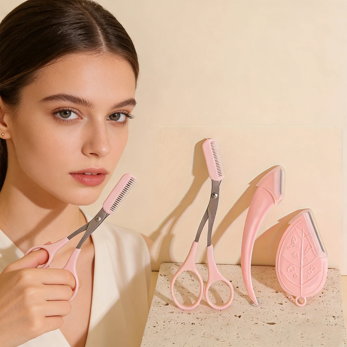Blattförmiger Augenbrauentrimmer mit Schutznetz gegen Kratzer, Luxuriöses Damen-Beauty-Set - Präzisions-Augenbrauentrimmer und Rasierer-Set