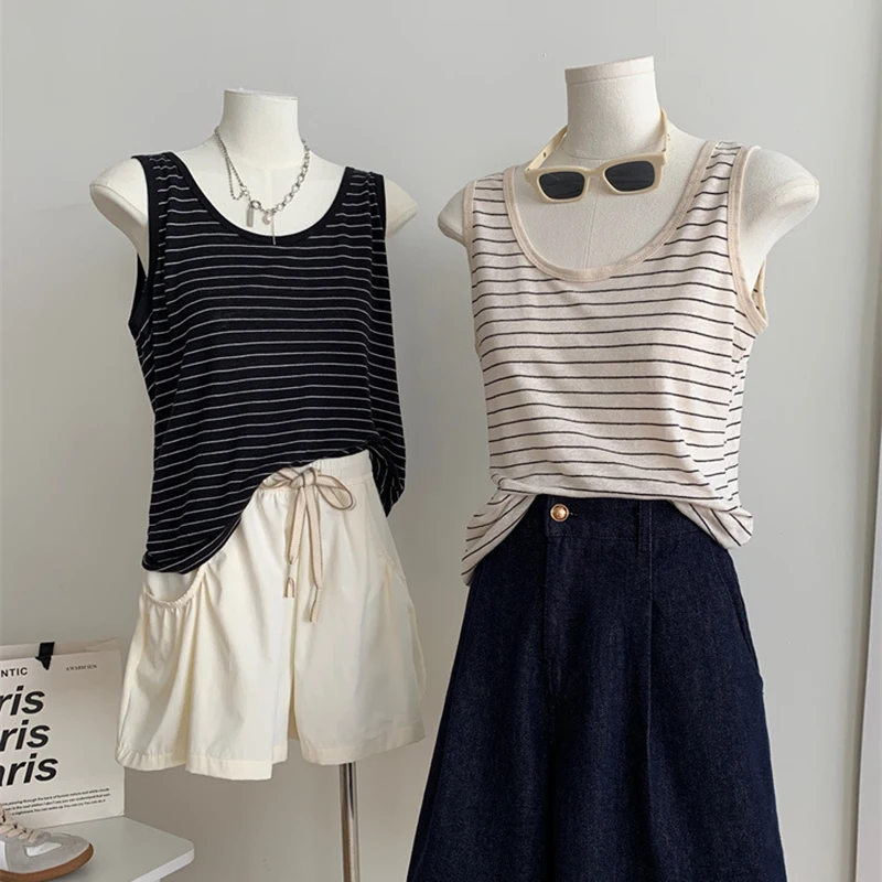 ผู้หญิงฤดูร้อนบางลาย U คอกว้างสายคล้องไหล่เสื้อกั๊ก Cool Breathable เกาหลีใหม่อเนกประสงค์ Contrast Slimming ผ้าลินิน Tank Top