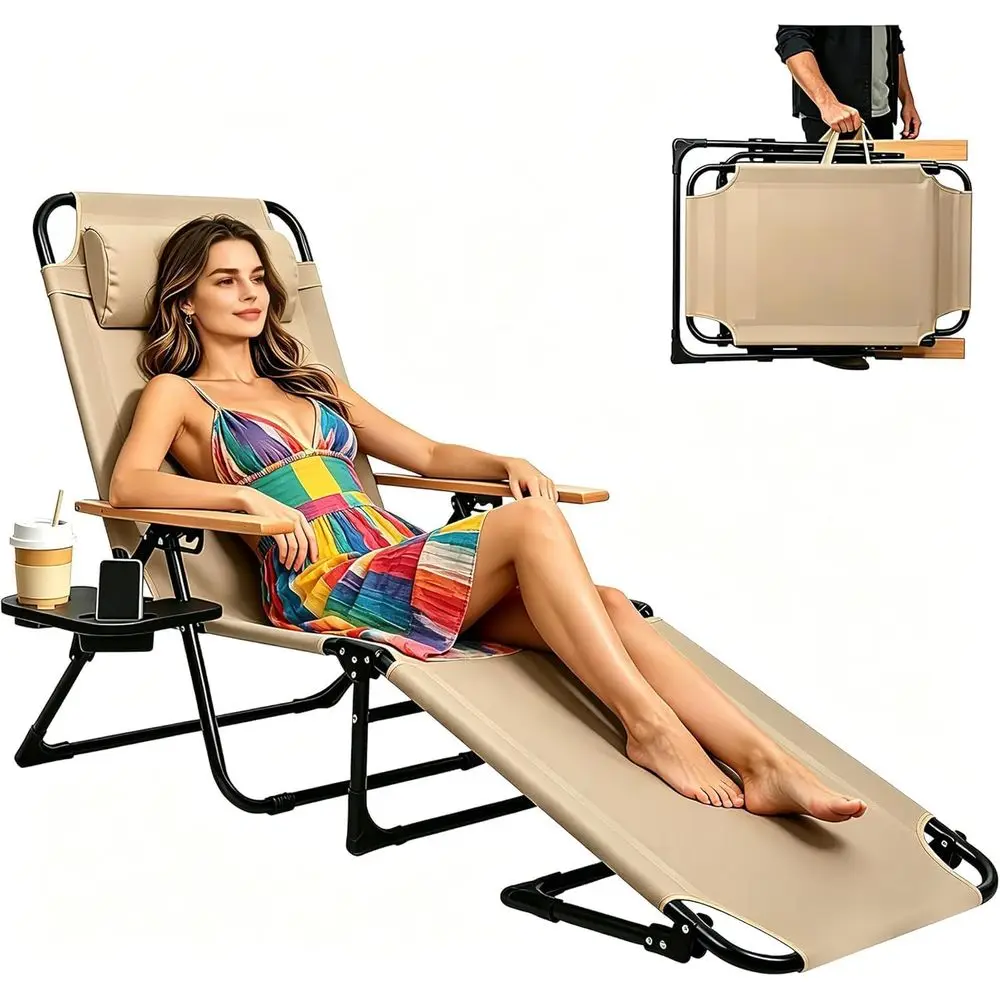 

4-Position Outdoor Patio Lounge Chair with Cup Holders and Wooden Armrests, Supports Up to 350 lbs, Beige