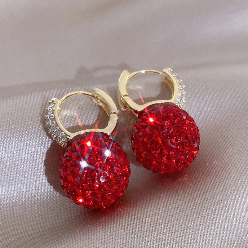 New Fashion Shiny Full Rhinestone Red Ball Drop Earrings for Women Korean Temperament Metal Earrings Jewelry Accessories