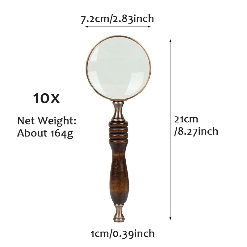 Retro 10X Magnifying Glass Wooden Handheld Magnifier for Reading Repair Work Optical Magnifying Glass Ornaments Photography Prop