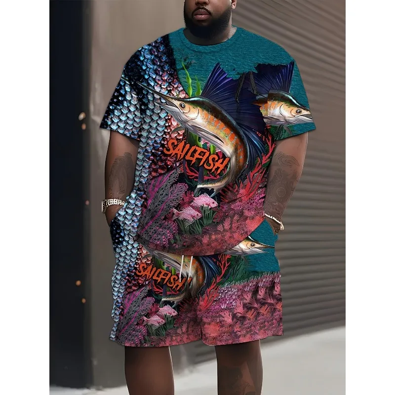 2025 Men's 3D Digital Printed Polyester Fiber 2-piece Summer Short Sleeve Round Neck T-shirt Sports Shorts Outdoor Set