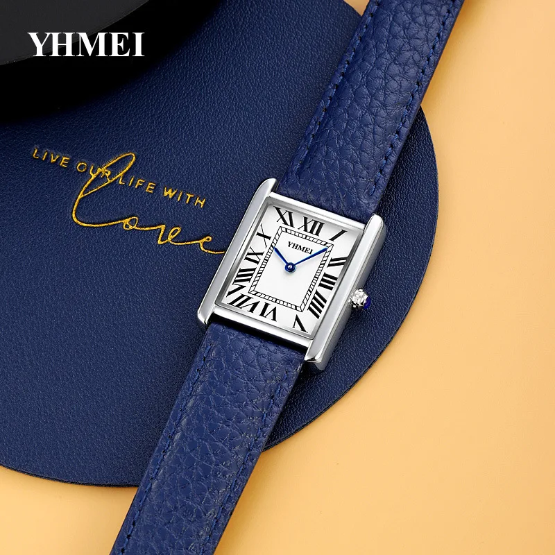 YHMEI Women Quartz Watch Rectangle Square Dial Watches Ladies Luxury Roman Numerals Numbers Wristwatch Classic Style White Clock