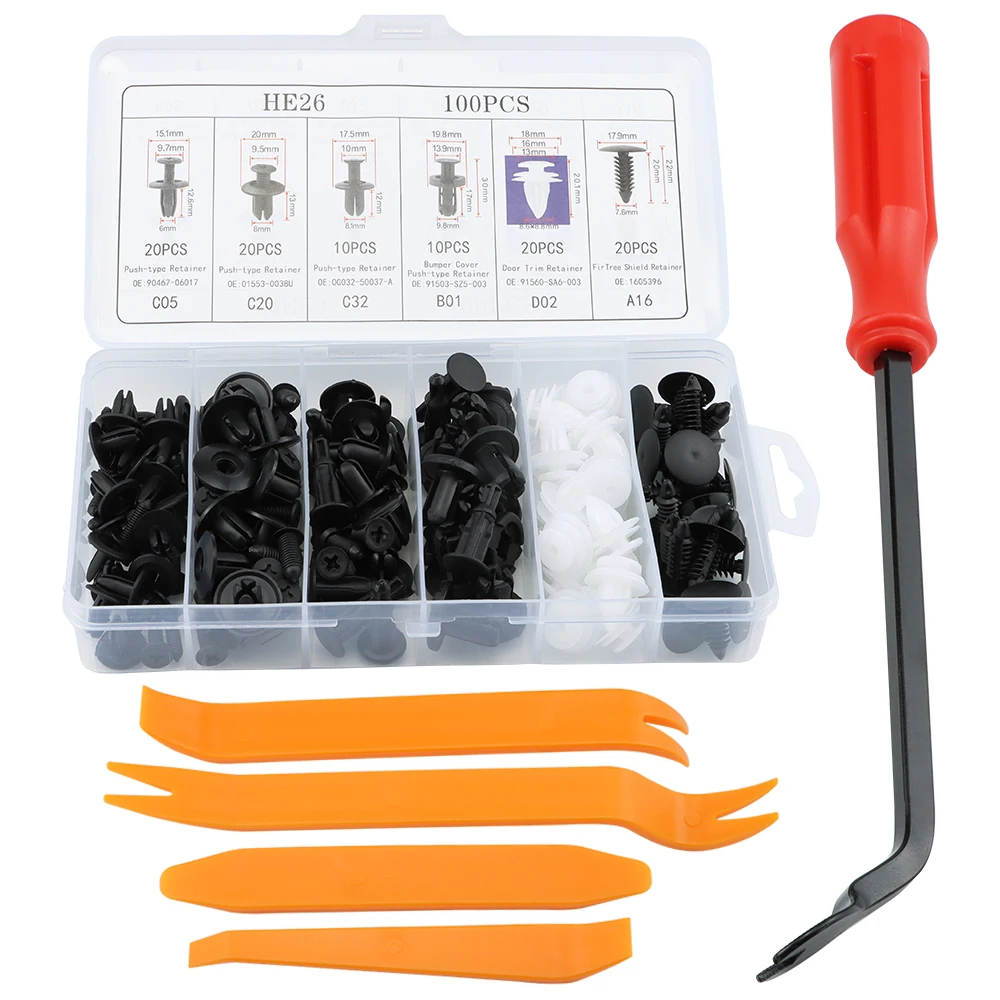 100PCS HE26 Car Rivet Fixing Hook Set Auto Fastener Clip Body Push Retainer Pin Rivet Bumper Door Trim Panel Retainer Car Clips