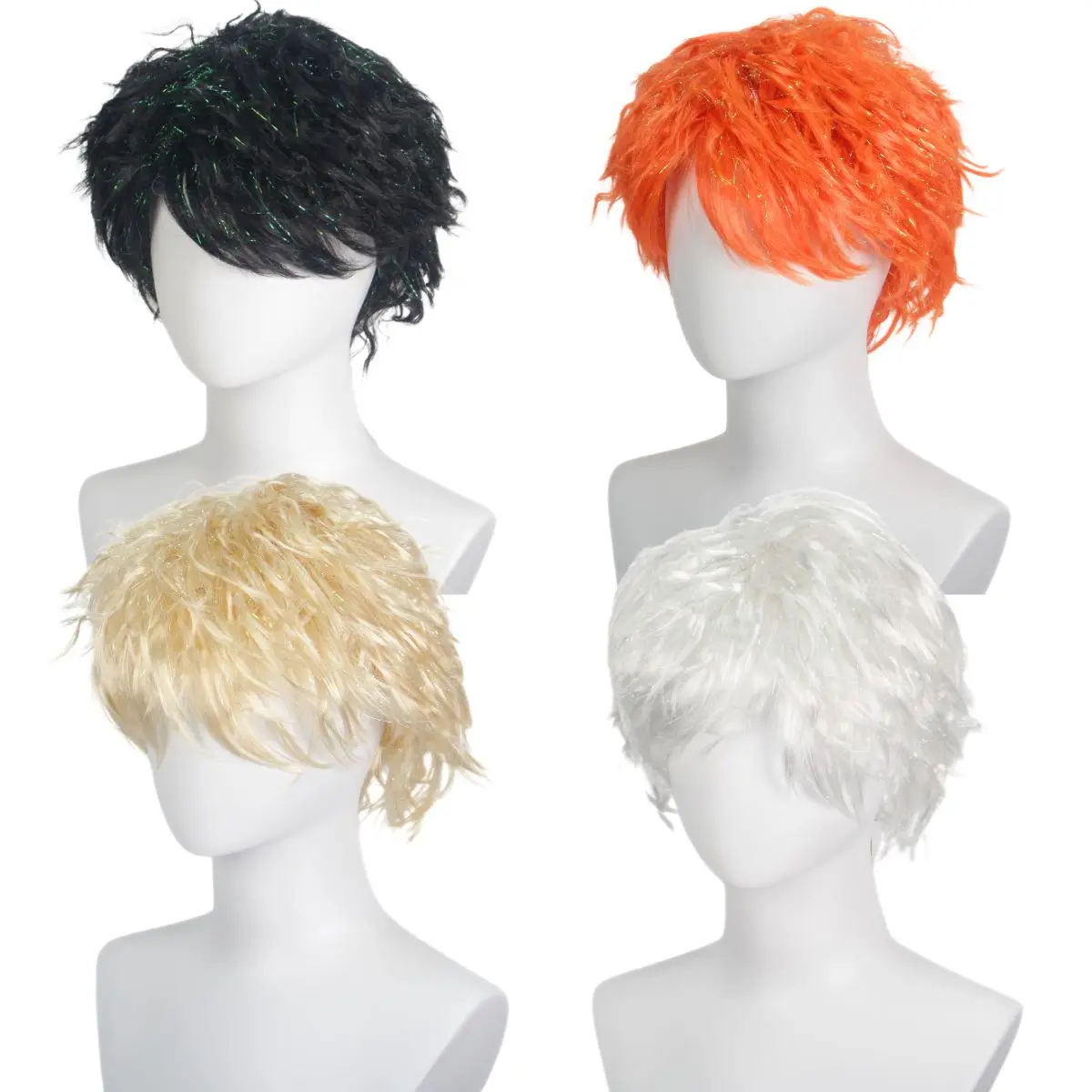 Novel Four Color Men Short Curly Rain Silk Wig Synthetic Dress Up Wigs for Women and Men Cosplay Costume Party Gifts