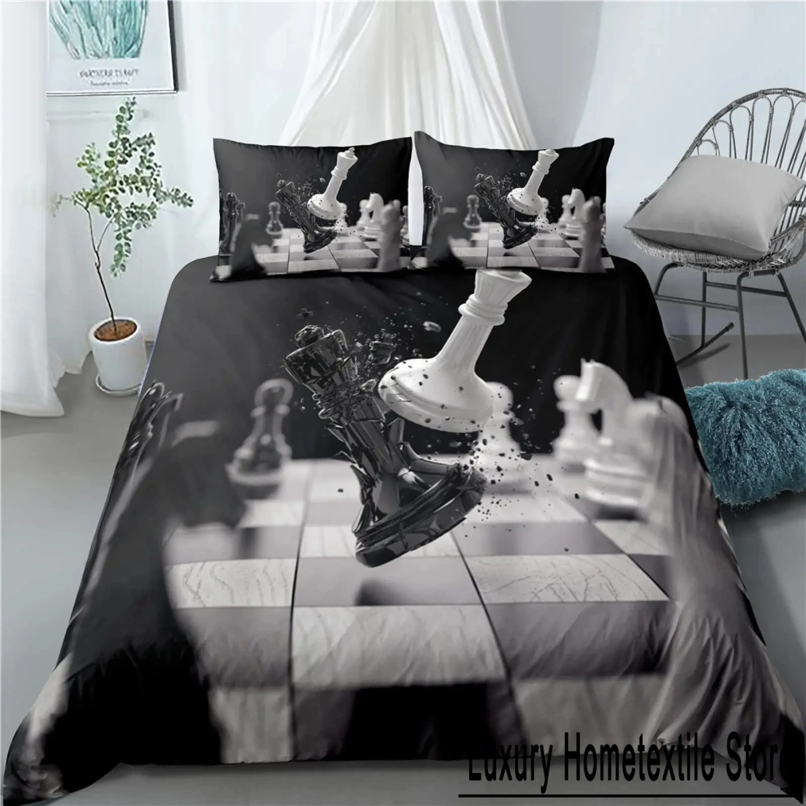 International Chess Duvet Cover Set Black White Lattice Checkerboard Comforter Cover Competition Game for Boys Teens Bedding Set