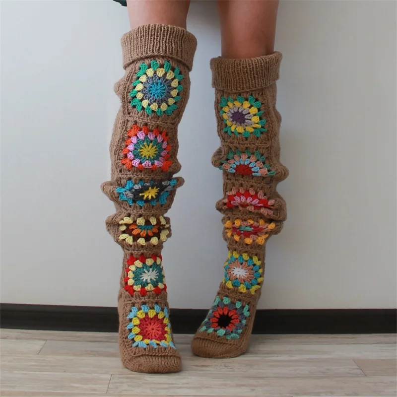 New Fashion Womens Autumn Winter Thigh Socks Extra Long Ethnic Crochet Knit Stockings Over Knee Socks Skin-Friendly Hot Sale