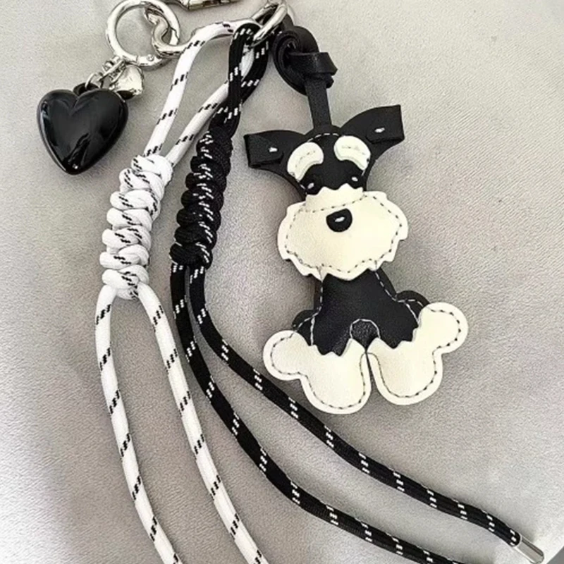 Niedlicher Welpe Schnauzer PU-Leder Schlüsselanhänger Tier Cartoon Taschenanhänger Schöner Hundehänger für Frauen