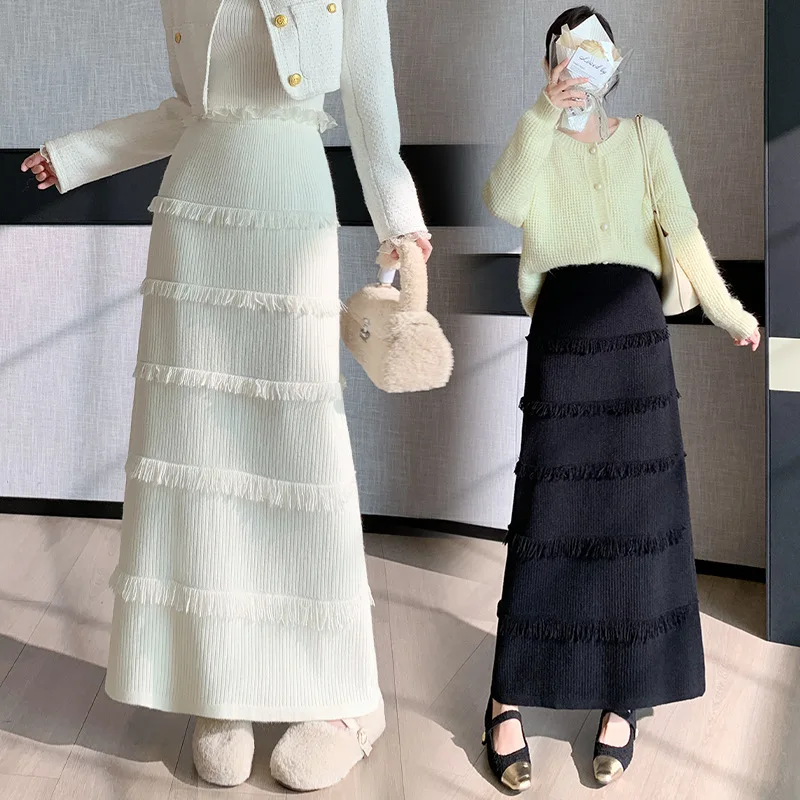 

Korean Version Mid-Length Knitted Wool Skirt Women's A-Line Skirt Thiened Knitted High Waist Slimming Autumn Winter New Design