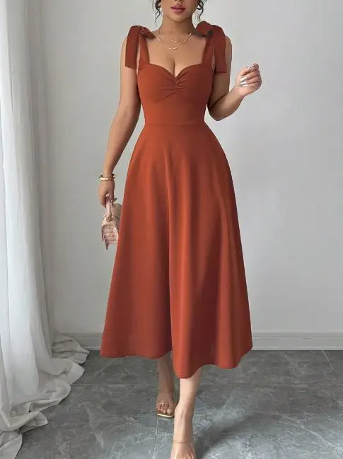 

Womens Dresses 2025 Spring New Solid Color Temperament Waist Cinching Shoulder Lace Up Elegant A-Line Mid Length Dress