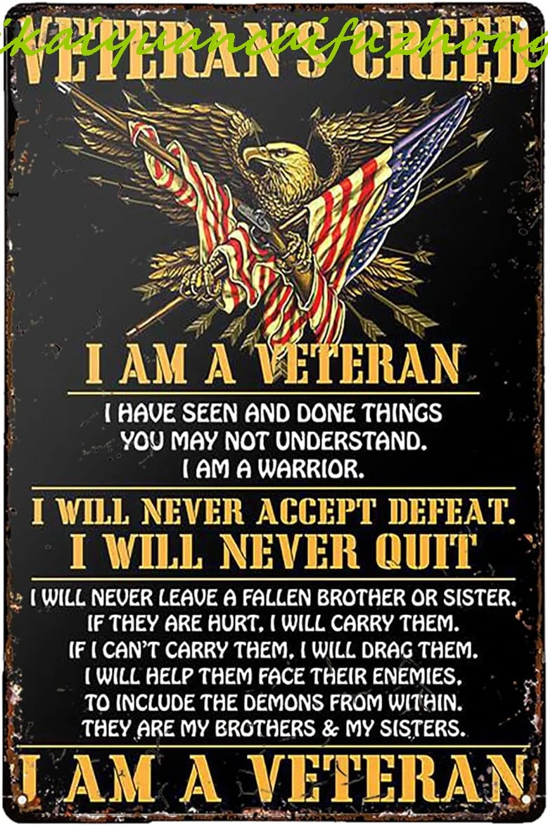 Veterans Day Decor Veteran's Creed Tin Sign for Backyard Garage Man Cave Shed Office Craft Room Living Room Coffee & Bar