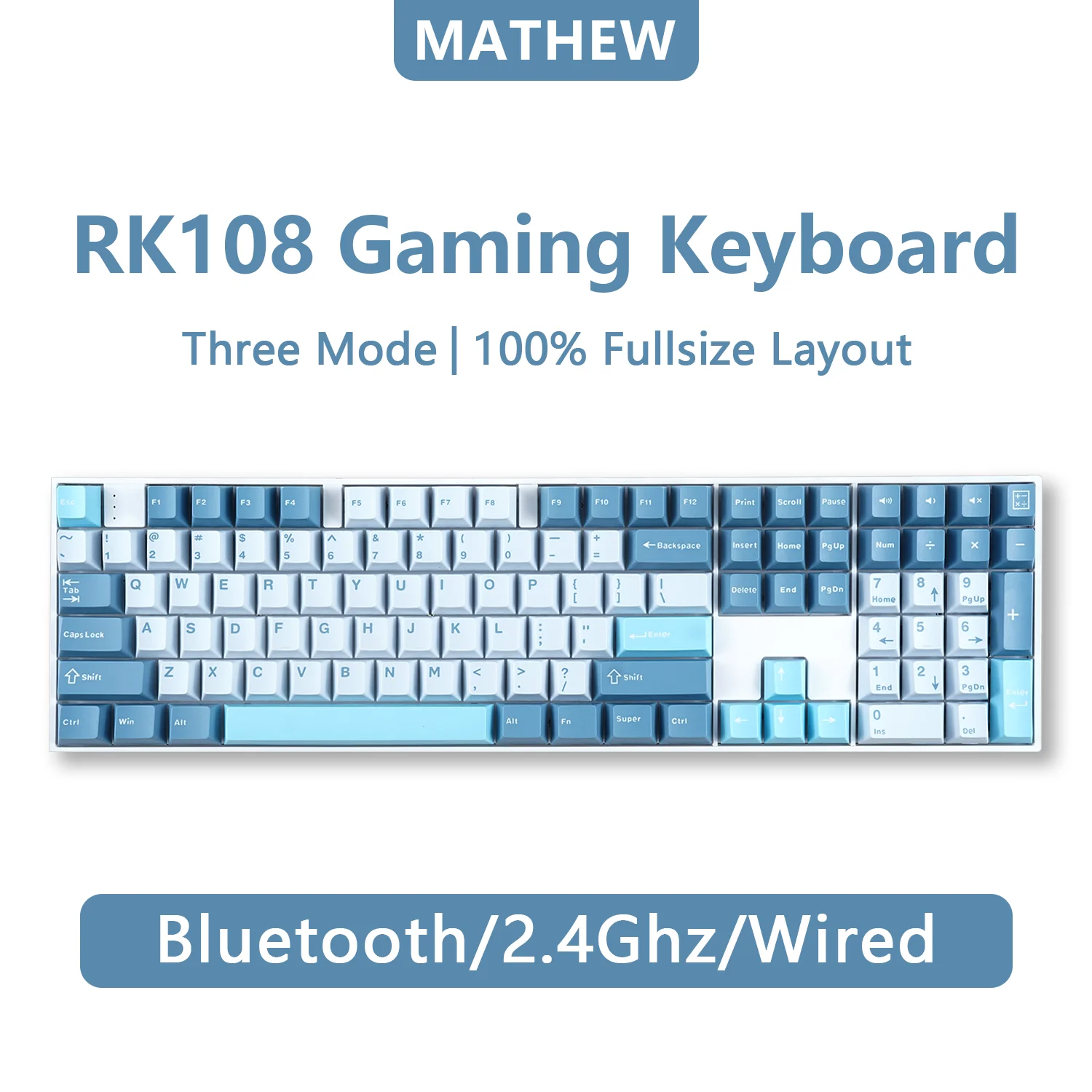 RK108 Mechanical Keyboard RGB Bluetooth Wireless 100% Fullsize Keyboard Programmable DIY Custom 108keys with Numberpad