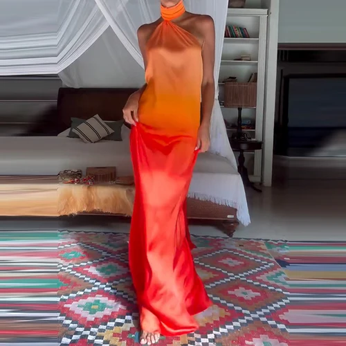 Imagen 2 del producto Vestido de playa ajustado sin mangas informal de verano con estampado degradado y espalda descubierta vestido de vacaciones hueco para mujer vestido Sexy de cintura alta con cuello Halter