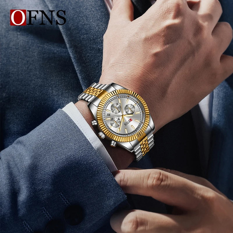 OFNS Top orologio da uomo moda multifunzionale impermeabile in acciaio inossidabile cronografo codice orologio orologio da polso al quarzo di marca di fascia alta