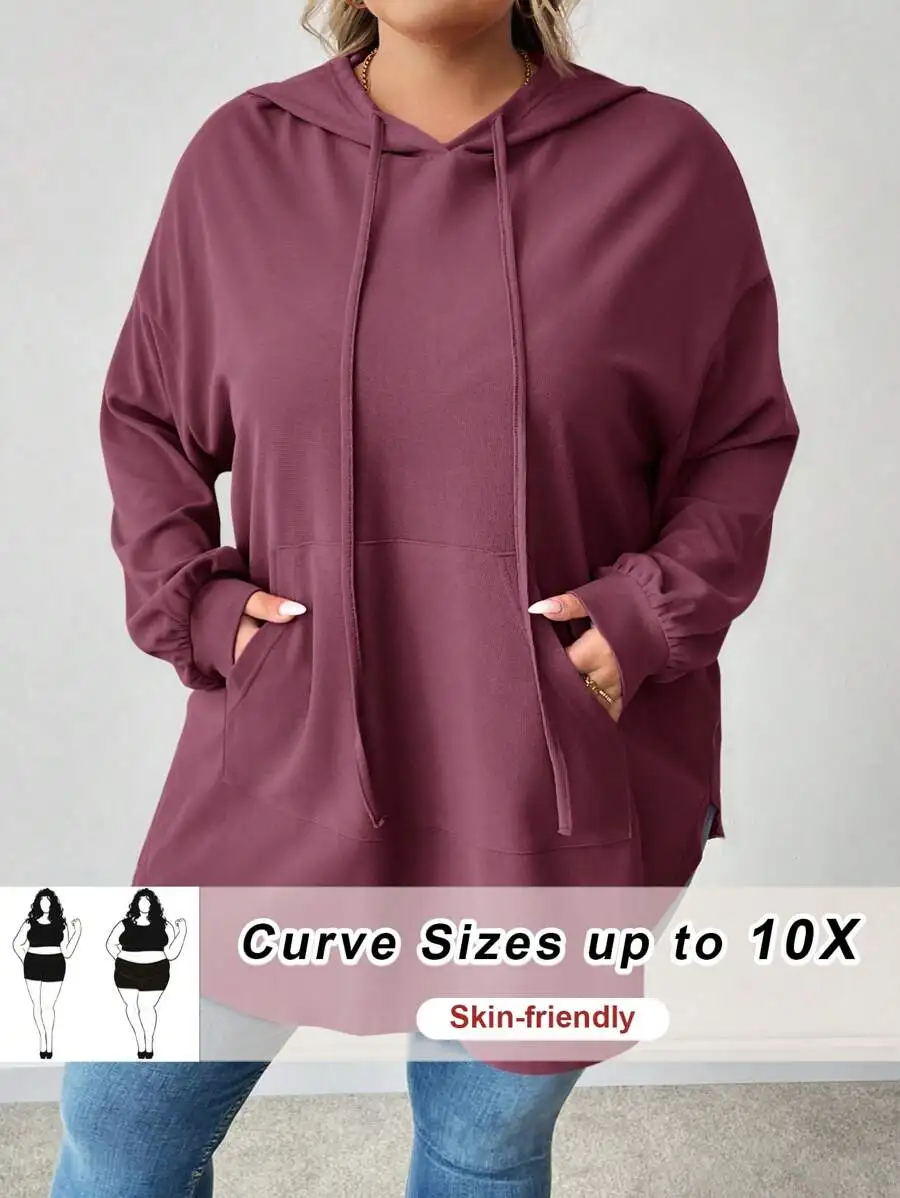

Толстовка с капюшоном больших размеров, однотонная, с асимметричным подолом и передними карманами для женщин