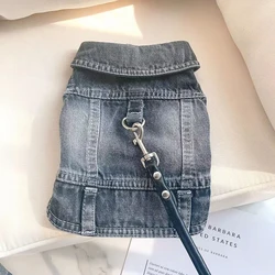 Spring Autumn Coat Dog Denim Jacket Harness Cowboy Puppy Cat Jeans Vest Harness Outdoor Pet Clothes with D-Ring for Small Dogs