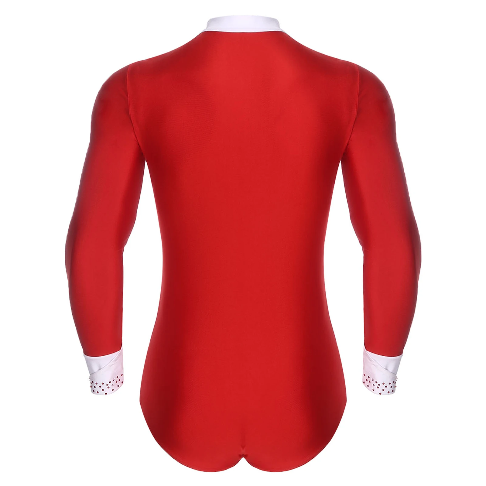 男性ラテンダンスチャチャレオタード長袖光沢のあるラインストーンボディスーツフィギュアスケートバレエタンゴ社交サンバルンバ用