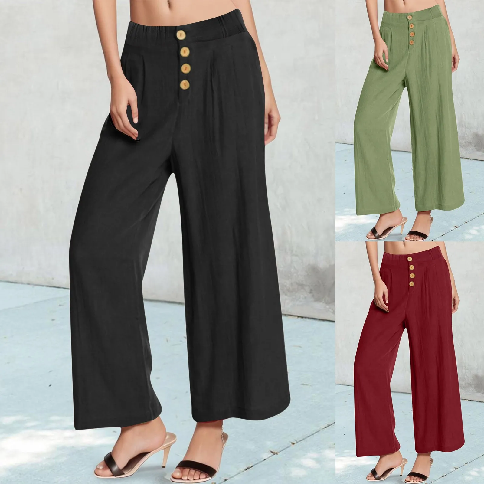 

Pants For Women Summer Autumn Flowy Cotton Wide Leg Palazzo Pants Long Slacks High Waist Button Trousers Female Trousers