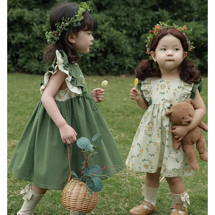 Girl Summer Dress New Fashion Embroidery Flying Sleeve Children Bow Princess Dress Girl One Piece Dress Printed Skirt