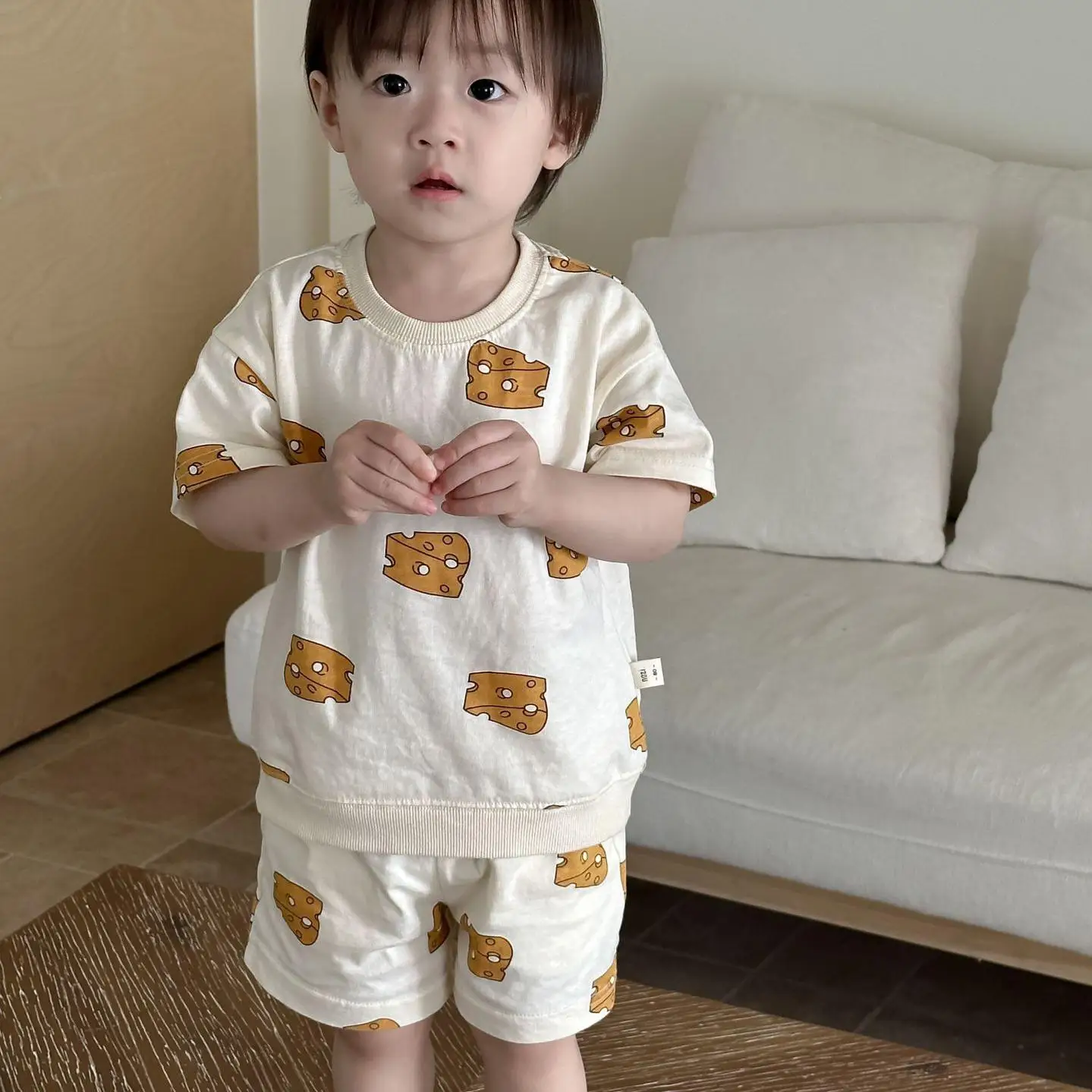 

2024 Summer Kids Tracksuit Boy Girl Cheese Short Sleeve Tops+Shorts 2pcs Children Casual T-shirt Set Loose Baby Cotton Tees Suit