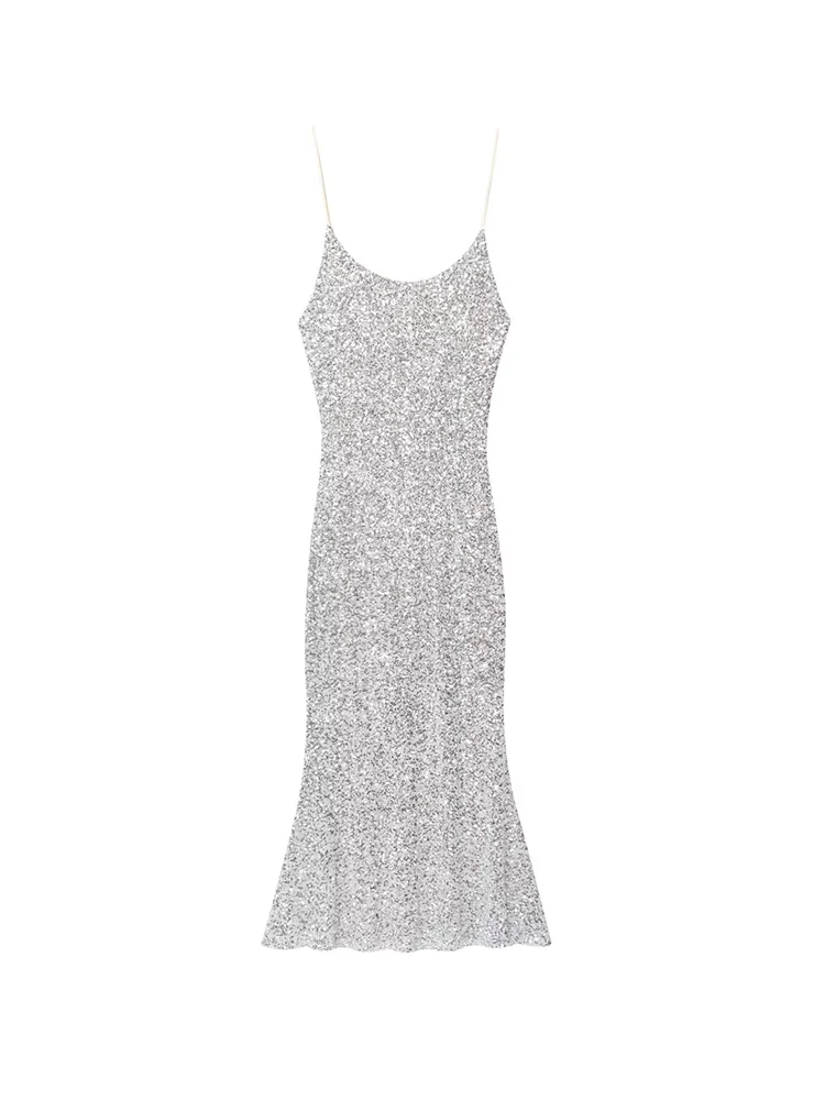 TFMLN 여성 여름 스팽글 드레스 섹시한 반짝이 스파게티 스트랩 민소매 백리스 슬링 드레스 우아한 이브닝 파티 드레스