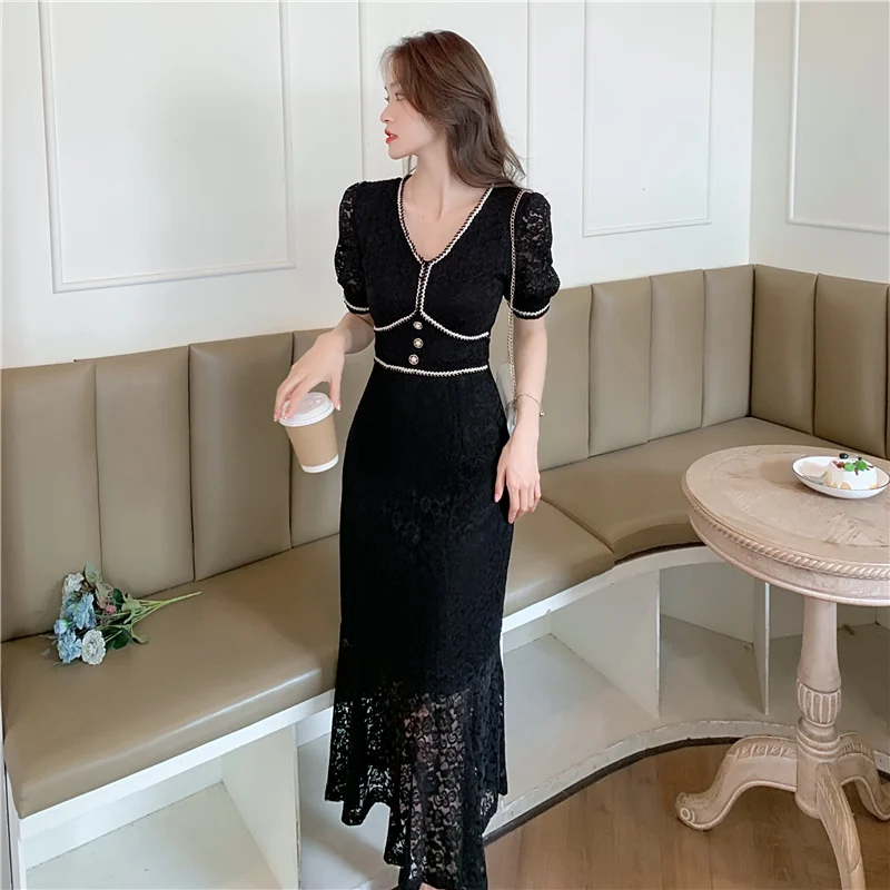 

WTIANYUW New Goddess Model Slim Lace Temperament Dress 2022 Summer New Fashion V Neck Celebrity Show Thin Package Hip Fishtail