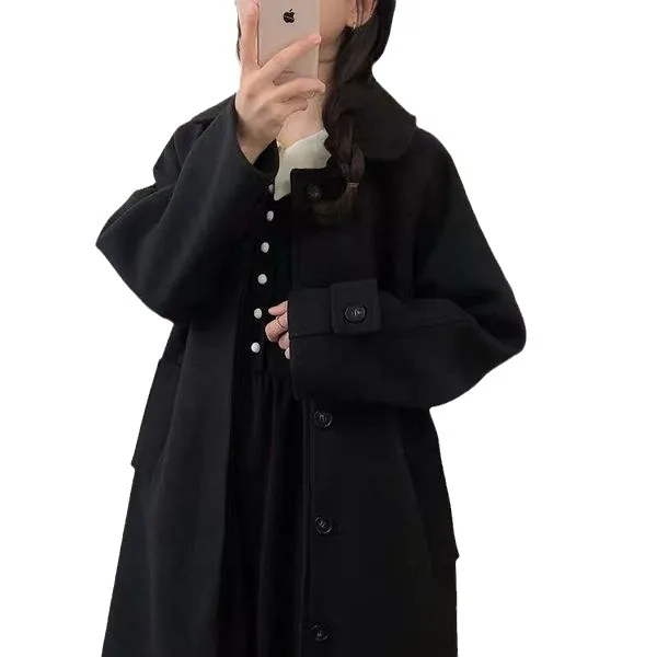 Manteau en laine épaissie de style Hepburn pour femme, petit manteau noir coréen, automne et hiver 2023