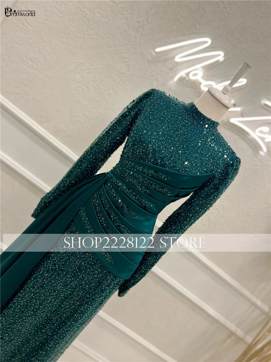 Emerald Green Abendkleider 2024 Glitter Evening Dresses Women High Neck Full Sleeves Formal Dress Islamic Muslim Robes De Soirée