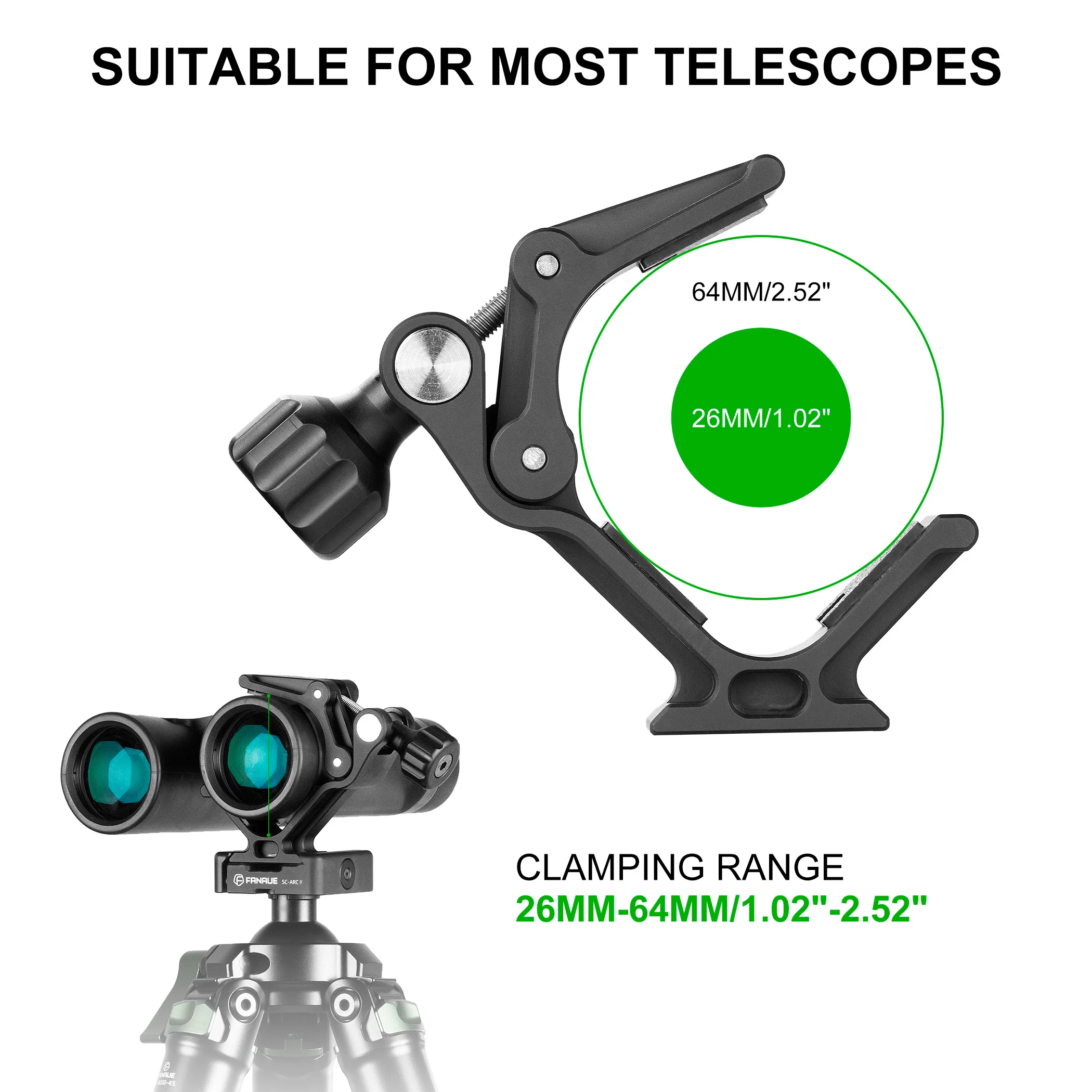 FANAUE Adattatore per montaggio su treppiede binoculare compatibile con telescopio da 26-64 mm di diametro con vite da 1/4\