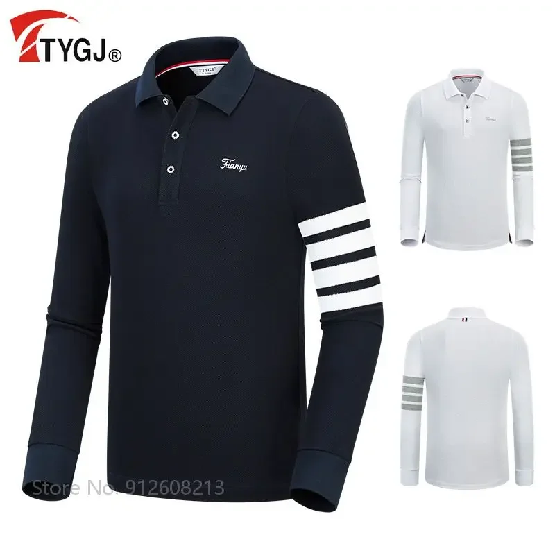 

TTYGJ Men Breathable Golf Shirt Stripe Long-sleeve Golf T-shirt Man Casual Turn-down Collar Sport Tops Soft Polo Shirts for Male