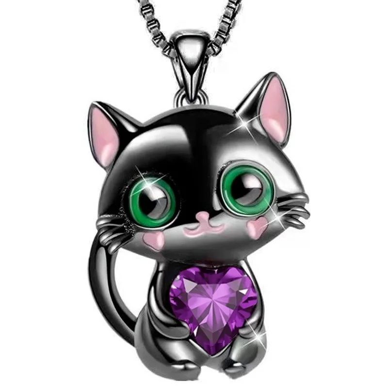 Fashion Creative Black Cat Necklace Heart Crystal Pendant Engagement Necklaces for  Women Animal Jewelry Party Anniversary Gift