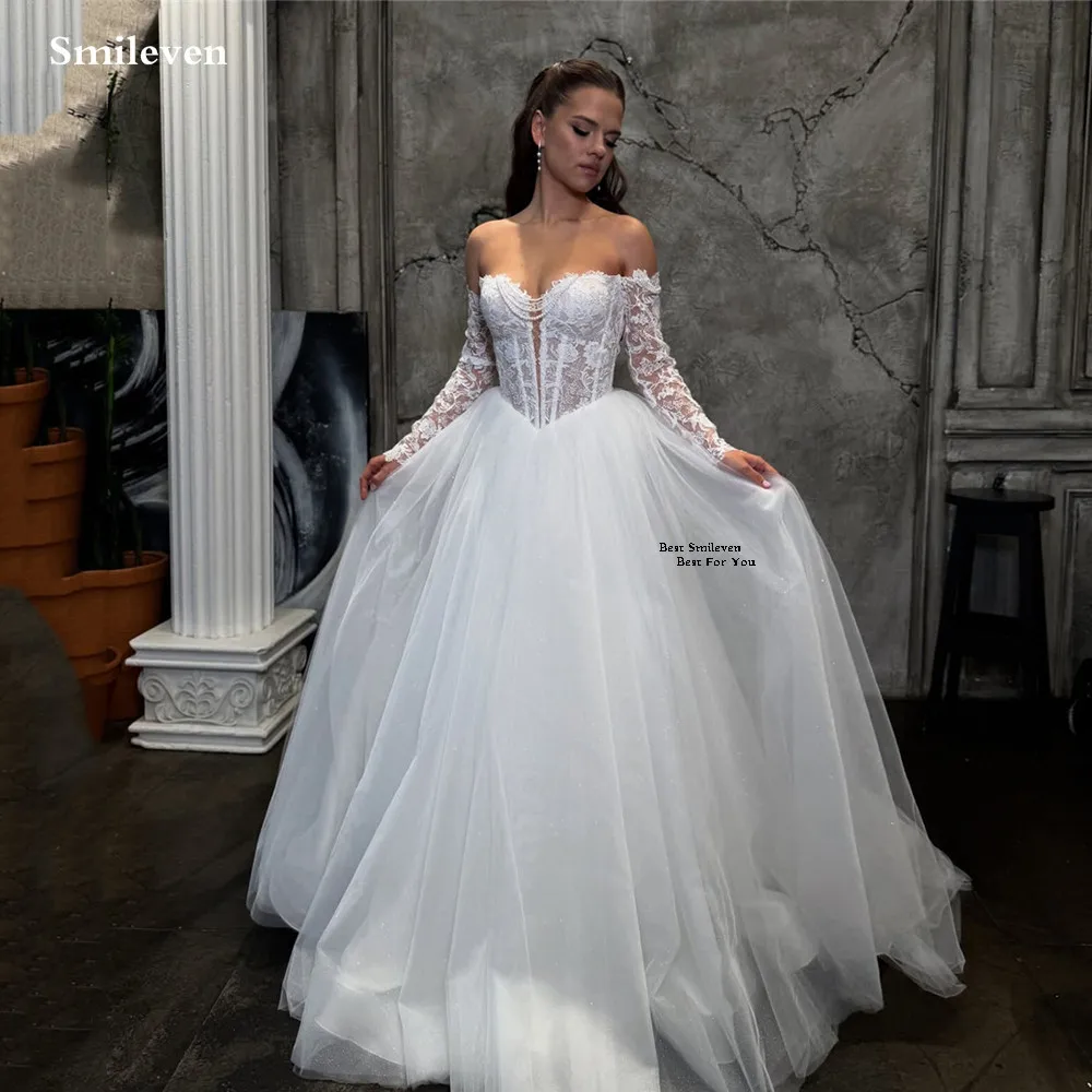 

Smileven Pearls Wedding Dress A Line Long Sleeveless Off Shoulder Lace Bride Dresses Robe De Mariee Wedding Gowns