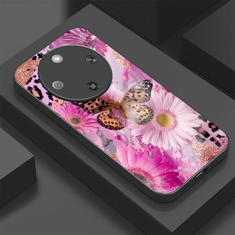 Funda de teléfono con diseño de mariposa y flor para Huawei Honor X9d X6C X5x Plus X9 X8 X9c Smart X9b X7c, funda de vidrio templado a prueba de golpes