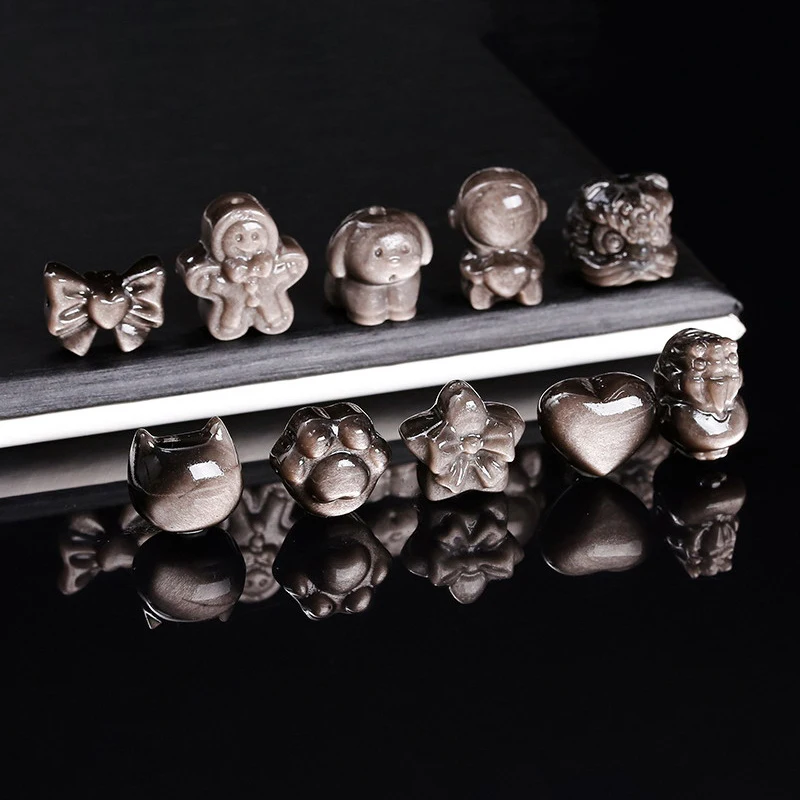 1 Pc Natural Stone Silver Obsidian Carved Bead Cat Paw Pixiu Animals Cute Bead With Hole For Jewelry Making Diy Necklace