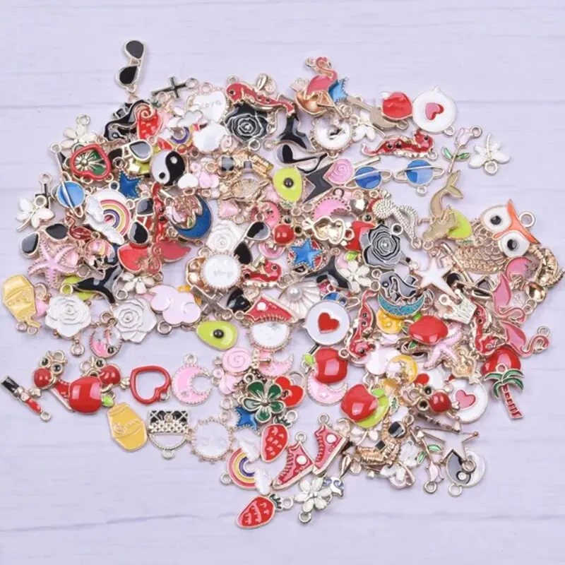 50Pcs/Lot Random Mix Styles Animal Flower Heart Charms Assorted Enamel Fruit Pendant Handmade DIY Jewelry Making Wholesale Bulk