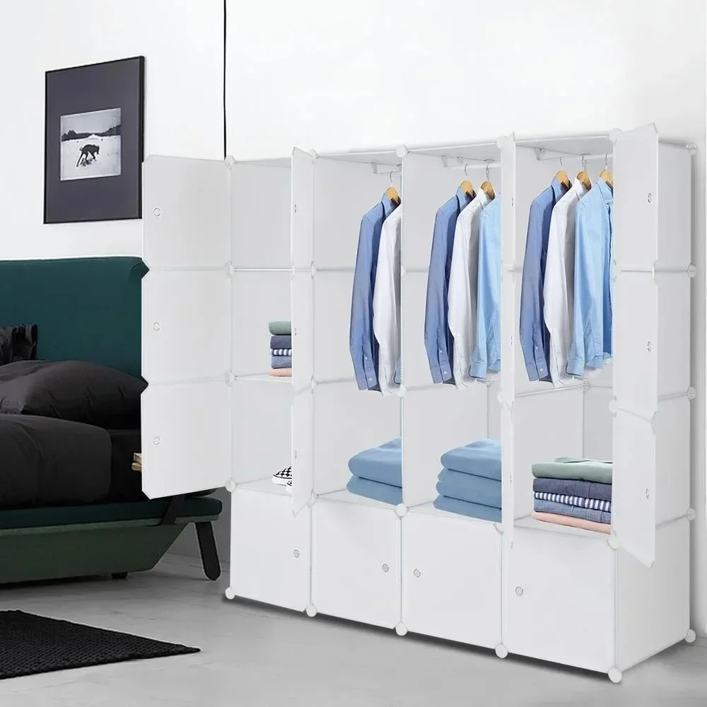 16-Cube DIY Closet Clothes Organizer Storage Shelves,Portable Wardrobe W/Doors,w/3 Hanging Rods