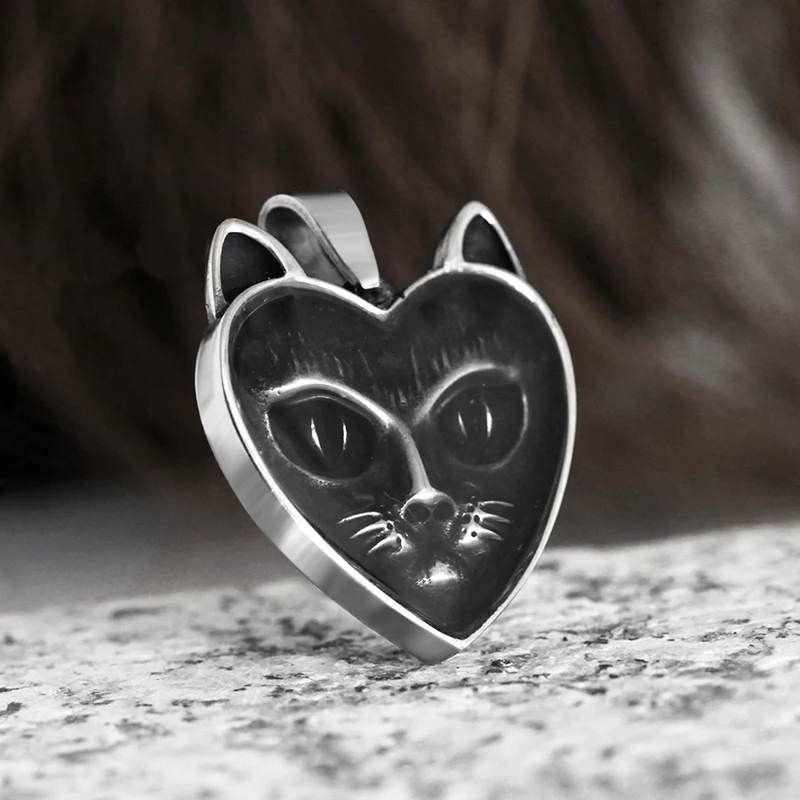 Engrave Stainless Steel Heart Shape With Cat Head Pendant Necklace Animal Cute Fashion Vintage Men Women Jewelry Couple Gift