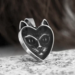 Engrave Stainless Steel Heart Shape With Cat Head Pendant Necklace Animal Cute Fashion Vintage Men Women Jewelry Couple Gift