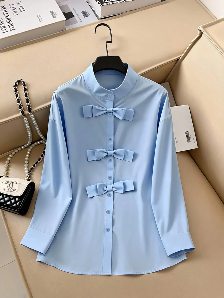 

Plus Size Spring Summer Blue Preppy Bow Blouse, Stand Collar Long Sleeve Loose Shirt, Casual Modest College Style Top