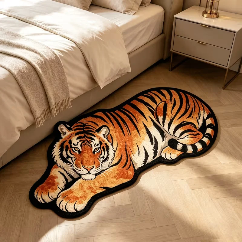 Cool Trendy Tiger Pattern Irregular Rug Retro Artistic Home Decorative Living Room Bedroom Carpet Soft Plush Washable Floor Mat
