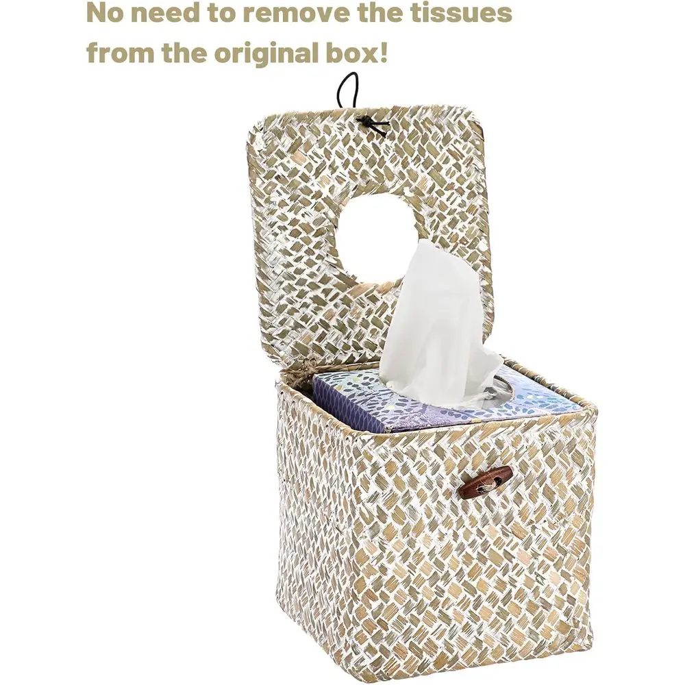 Square Seagrass Tissue Box with Lid, Woven Tissue Box Holder Rustic Cube Cover for Bathroom Toilet Bedroom Living Room Kitchen T view 6