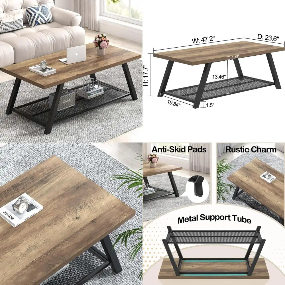 

Modern Rustic Oak Coffee Table with Storage, Industrial Style Center Table for Living Room