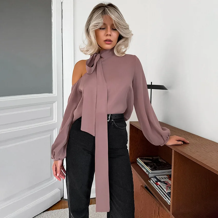 

Spring Elegant Pink French Neck Off-Shoulder Top Fashion Satin Pullover Long Sleeve Shirt Professional Women's Clothing