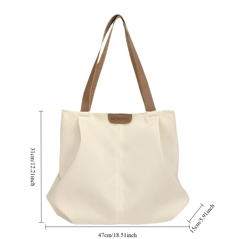 Autumn Classic Canvas Patchwork Large Shoulder Bag Women Pleated PU Strap Tote Bag Versatile College Students Handle Bag