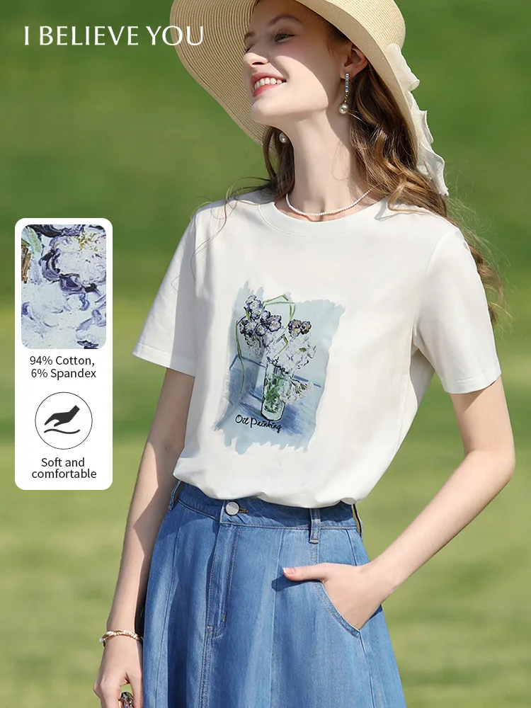 I BELIEVE YOU Women's Top Summer New Round Neck Slimming White Oil Painting Printed Short Sleeve Commuting T-Shirt 2252015982