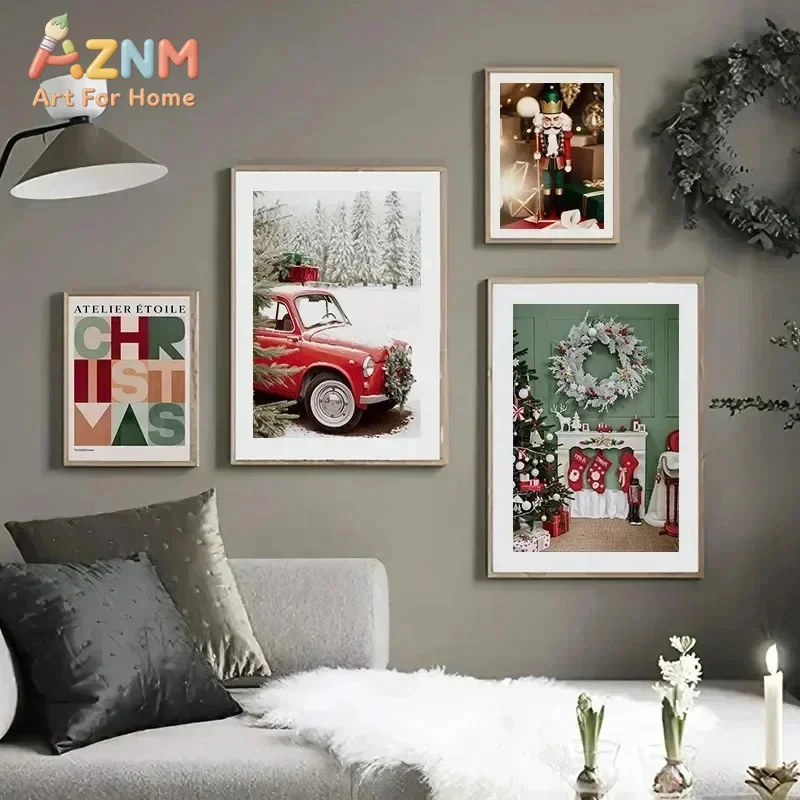 AZNM Christmas Tree Nutcracker Gingerbread Red Truck Canvas Wall Art, Winter Snow Scene Frameless Canvas Print Poster for Living