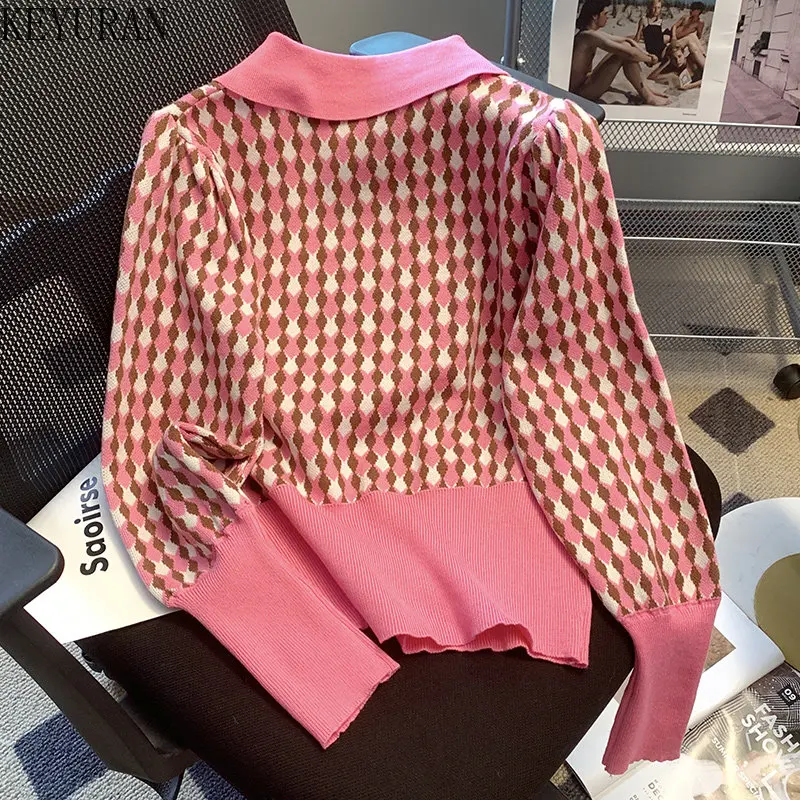 Pink Argyle Pullover Sweater Women 2024 Fall Winter Sweet Fashion Turn-down Collar Long Sleeve Embroidery Sweaters Woman Jumper